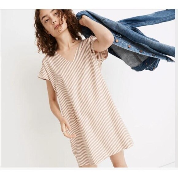 Madewell Button Back Easy Dress Size XXS Camel Tan White Striped Tunic Loose - Picture 1 of 6